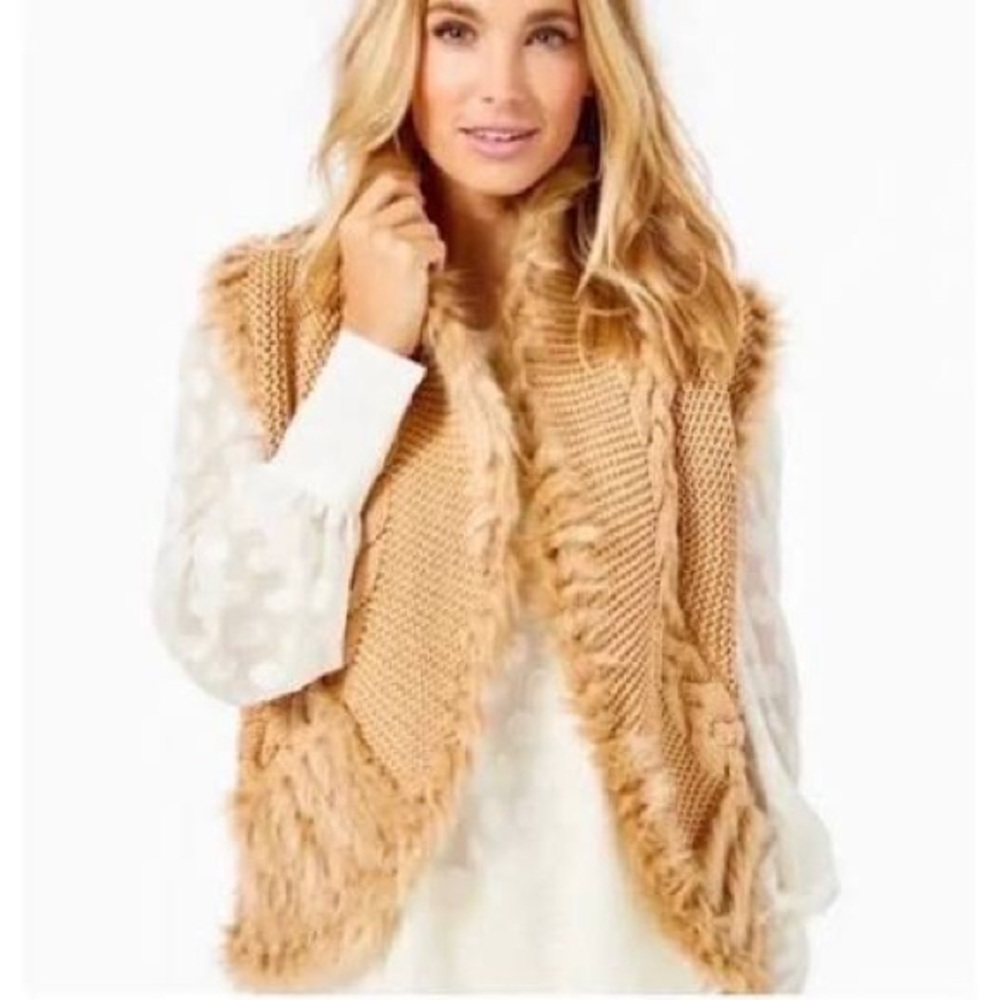Lilly Pulitzer Camel Cable-Knit Faux-Fur Trim Vest